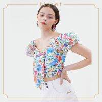 Kloset Catrina Bloom Off-Shoulder Bow At Front Top (RS21-T002) เสื้อแฟชั่น เสื้อผ้าพิมพ์ เสื้อปาดไหล่ เสื้อตัวสั้น เสื้อคล็อป