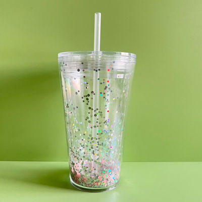 FLEWWER ถ้วยพลาสติกใสสองชั้นใหม่ถ้วยใส่น้ำที่สร้างสรรค์ PP ดีไซน์หลอดพลาสติกแก้วแบบมีหลอดสบาย