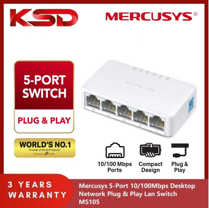 Mercusys 5-Port 10/100Mbps Desktop Network Plug & Play Lan Switch MS105 (  Powerd By Tp-Link )