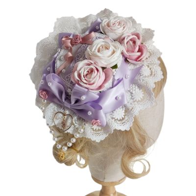 Japanese Lolita Sweet Lace Top Hat Pearl Beaded Bowknot Rose Flower Bonnet Flat Cap Vintage Party Cosplay Hair Accessory