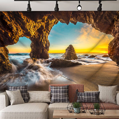 3D สไตล์มินิมอลผ้าพื้นหลังถ้ำสามมิติห้องนอนธรรมชาติโรงแรมตกแต่งร้านอาหารผ้าแขวนทัศนียภาพชายหาด Tapestrypengluomaoyi