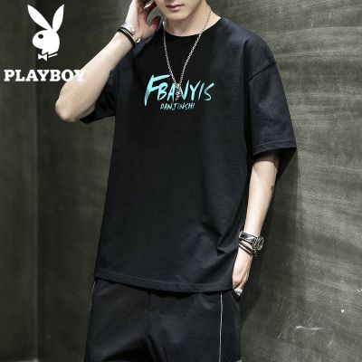 Playboy เสื้อยืดแขนสั้นผู้ชายฤดูร้อนบางสไตล์ 2022 ใหม่แนวโน้มหลวมผ้าฝ้ายสีขาวเสื้อผ้า- KKTS