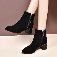 Caohuatang3Suede ส้นหยาบ Sepatu BOOT Pendek เด็ก2023,ซิปส้นสูงสีดำ Bot Modis ฤดูใบไม้ร่วง/ฤดูหนาว Femalecaohuatang3รองเท้าบูท Martin