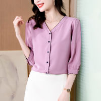 Womens Button Up Shirt Silk Blouses for Women Half Sleeve Shirts Pius Size Pink V-neck Blouse Top Female 2021 Woman Basic Shirt