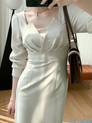 Spring Elegant Casual Bodycon Womens White Dress Fashion Solid Color Slim Midi Female Vestidos Ladies Long Sleeve Party Clothes
