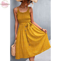 Women Large Swing Polka Dot Printing A-line Skirt Ruffled Lace-up Bowknot Sling Dress Sexy High Waist Dress