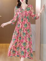 【YF】 Spring Summer Floral Silk V-Neck Midi Dress 2023 Fashion Chic Bodycon Luxury Women Korean Elegant Casual Party Night