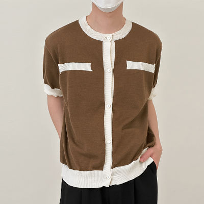 เสื้อถักนิตติ้งสำหรับผู้ชายแขนสั้นลมหอมลำลองสียอดนิยมบาง (สไตล์เกาหลี)