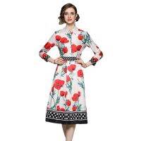 Women Dress Spot Real  Elegant Long Sleeve  Vintage Printed Midi Dress