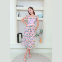 Alivia closet เดรสชีฟอง Benna maxi dress ชีฟองพิมพ์ลายดอกไม้ สีชมพู ด้านในมีซับใน