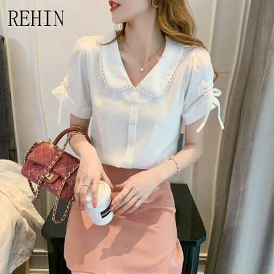 REHIN เสื้อผู้หญิงแขนสั้นผ้าชีฟองคอตุ๊กตาแฟชั่นสไตล์เกาหลีแบบใหม่ฤดูร้อน