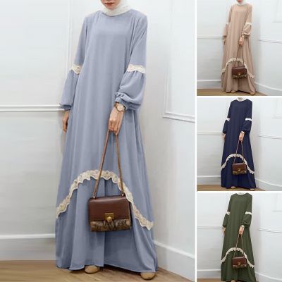 Yourcolors Women Kaftan Elegant Party Muslim Long Sleeve Solid Color Splicing Lace Dress