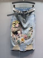 【CC】♧♦  Fashion Beaded Ripped Loose Denim Skirt 2023 Woman Waist Streetwear Mid-calf A-line