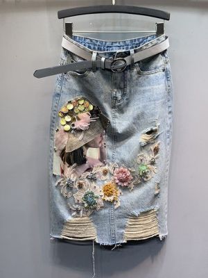 【CC】♧♦  Fashion Beaded Ripped Loose Denim Skirt 2023 Woman Waist Streetwear Mid-calf A-line