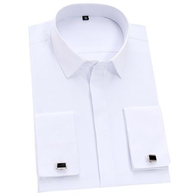 เสื้อเชิ้ตผู้ชายคลาสสิกฝรั่งเศส Cuff Dress Shirt Covered Placket Long Sleeve Tuxedo Male Shirts With Cufflinks No Pocket Office Work White