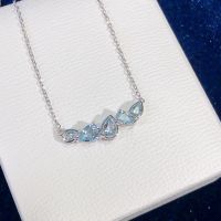 Simple Blue Zircon Pendant Fashion 925 Stamp Necklace for Women Smile Clavicle Chain Choker Necklace Diamond Necklace