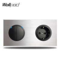 【Discount】 Wallpad สีเทา2แก๊งสวิตช์คู่กับสหภาพยุโรปผนังปลั๊กไฟฟ้าเงินแปรงอลูมิเนียมแผงแผ่นคู่