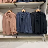 Uniqlo U ห้องลองเสื้อเสื้อผ้าผู้หญิง2021ฤดูใบไม้ร่วง Niche ผูกโบว์ซาติน Tie สีทึบแขนยาวเสื้อ Y445836