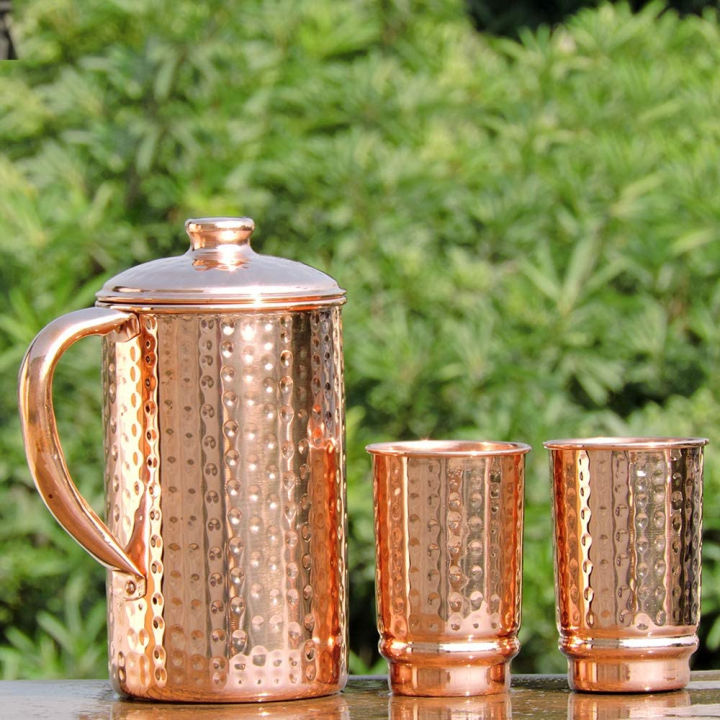 healthgoodsin-pure-copper-99-74-hammered-water-jug-with-2-hammered-copper-tumblers-copper-pitcher-and-tumblers-for-ayurveda-health-benefits