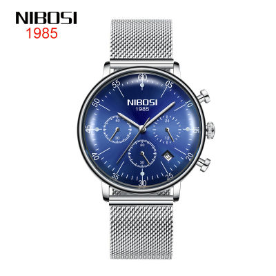 NIBOSI Fashion 3D Curved Glass Blue Dial Quartz Watch Men Stainless Steel Mesh Belt Waterproof Luminous Chronograph Watches 2331