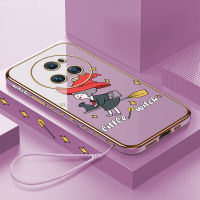 เคสเคสสำหรับ Honor พร้อม Magic5โปร (ฟรีสายคล้อง) ลายการ์ตูนแม่มดน้อยขอบสี่เหลี่ยมเคสโทรศัพท์ชุบเคลือบผิวสุดหรูเคสโทรศัพท์นิ่ม