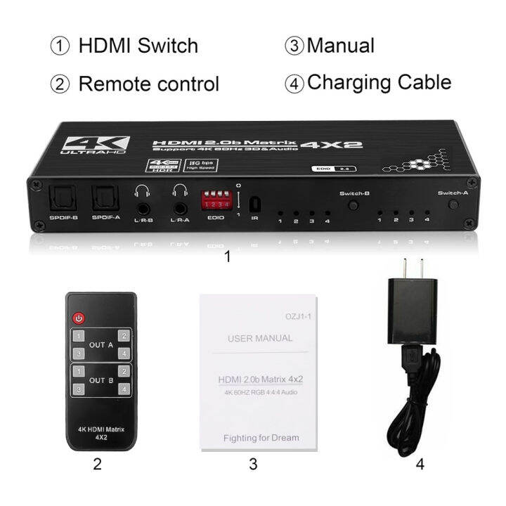 4k-4-in-2-out-สวิตช์-hdmi-เมทริกซ์แยกตัวสลับวิดีโอ4x2-hdmi-2-0สนับสนุน4k-60hz-2k-144hz-hdr10-hdcp2-2-hdr-10-dolby-vision-ir-การควบคุมระยะไกล