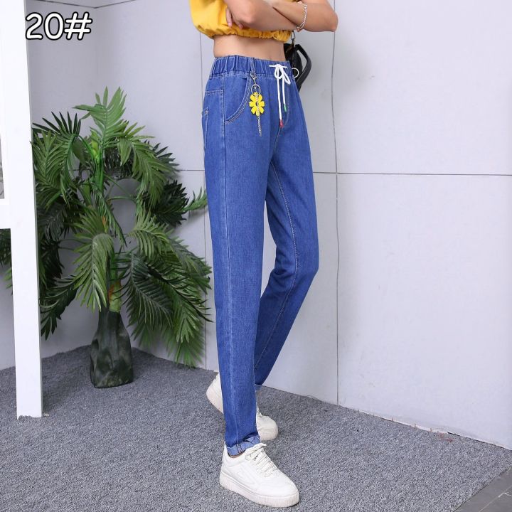 may-shop-พร้อมส่ง-920-20กางเกงยีนส์เอวยางยืดกางเกงผู้หญิงกางเกงฮาเร็มฤดูร้อนรุ่นสไตลเกาหลี-รูหลวมและบางเก้าจุดผ้านิ่มใส่สบาย