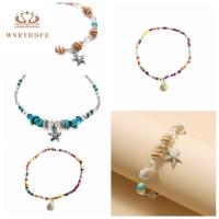 WSRYHDFE คอนช์ สร้อยข้อมือโบฮีเมียนสีเขียวขุ่น ลูกปัดสำหรับลูกปัด สีฟ้า/สีขาวทอง กำไลข้อเท้าเปลือกหอยสำหรับผู้หญิง เครื่องประดับเท้าเครื่องประดับ โลหะผสมอัลลอยด์ รองเท้าแตะรัดส้น