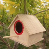 TEXWooden Bird House Nesting Box with Stick For Small Wild Garden Birds House