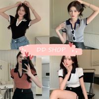 DD SHOPพร้อมส่ง 28058 เสื้อไหมพรม คอปกแขนสั้น เว้าอกแอบแซ่บ ผ้านิ่มใส่สบาย -C