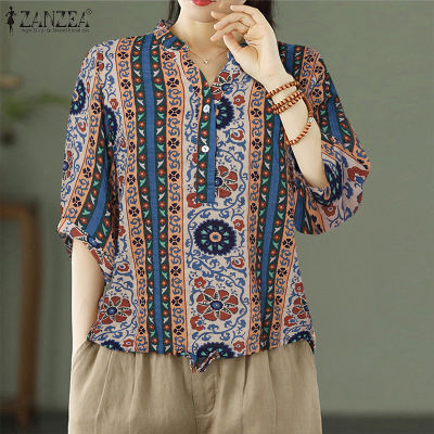 (สินค้ามาใหม่)(จัดส่งฟรี)Fancystyle ZANZEA เสื้อเชือกด้านบนวินเทจของผู้หญิงปกขาตั้งแบบพิมพ์วันหยุดประจำวัน #7