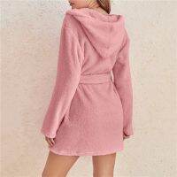 Warm Plush Lace-Up Pajamas Autumn Winter Women Solid Color Cardigan Lapel Pocket Mid-Length Coat Fashion Hooded Home Bathrobe