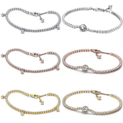 Sparkling Drops Halo Tennis With Crystal Chain Link Bracelet 925 Sterling Silver Bangle Fit Europe Bead Charm DIY Jewelry