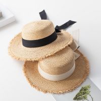 [COD] Korean version of elegant flat-top raffia straw hat female summer fresh bow holiday beach big eaves sunshade