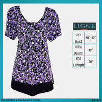 USED Ligne - Purple Polka Dot Top | เสื้อแขนสั้นสีม่วง สีดำ ลายจุด ระบาย ทรงใหญ่ ทำงาน สาวอวบ แท้ มือสอง