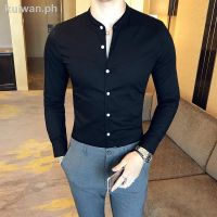 ♚✲Long Sleeve Blouse Men White Shirt for Black Slim Fit Mandarin Collar Ready stock