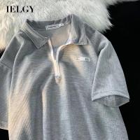 IELGY เสื้อยืดแขนสั้นผู้ชาย Waffle Polo Collar หลวมผู้ชาย