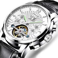 ⌚นาฬิกาผู้ชายนาฬิกาข้อมือกลไกอัตโนมัติหรูนาฬิกากันน้ำแนวธุรกิจ Tourbillon แบบเรืองแสงวันที่เดือนสัปดาห์