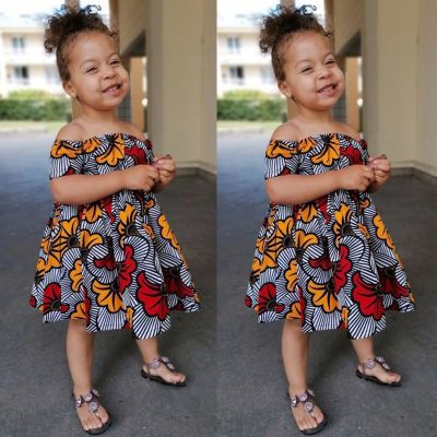 Toddler Kids Girls Dresses African Traditional Style Short Sleeve Off Shoulder Dress Ankara Princess Dresses Outfits 0-4 Years