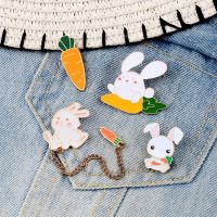 Bunny Carrot Enamel Pins Cute Rabbit Chain Brooches Animals Badge Women Denim Jackets Collar Lapel Pins Cartoon Jewelry Gifts