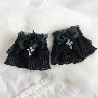 Black Gothic Punk Lolita Cross Pendant Hand Sleeve Wrist Cuffs Ruffled Floral Lace Elastic Bracelet  B2113 Exercise Bands