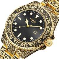 Sculpture Waterproof Business Men Wristwatches Quartz Stainless Steel Strap Golden Diamond-encrusted Luxury Watches for Men