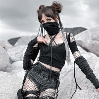 Techwear Cyber Y2k Tie Up เสื้อยืด Gothic Punk Streetwear Patchwork Crop Tops ผู้หญิง Grunge ถุงมือแขนเสื้อคอเต่า Tee