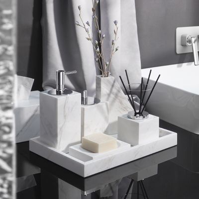【jw】▦ Volakos-Mármore Acessórios Do Banheiro Conjuntos Saboneteira Escova Vaso Sanitário Caixa De Tecido Vaso Bandeja Branco