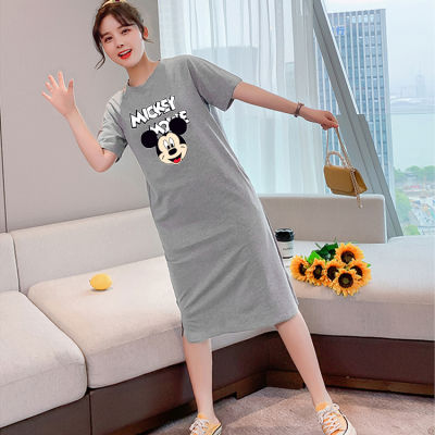 เดรสยาวเสื้อยืดแฟชั่นผู้หญิงสไตล์เกาหลี คอกลมแขนสั้น เนื้อผ้ายืดหยุ่นดี แนวหวานสดวัยรุ่นน่ารักQ12(จัดส่งโดยKerry)