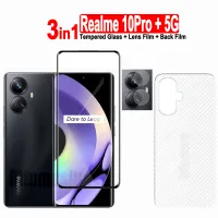 3in1สำหรับ Realme 10Pro + ฟิล์มกระจกเทมเปอร์5G และ Realme 10 10Pro 10T 5G / Realme 9Pro + 8i 9i 8Pro กระจกเทมเปอร์กระจกนิรภัยป้องกัน8 5G หน้าจอ + ฟิล์มเลนส์กล้อง + ฟิล์มด้านหลังคาร์บอนไฟเบอร์