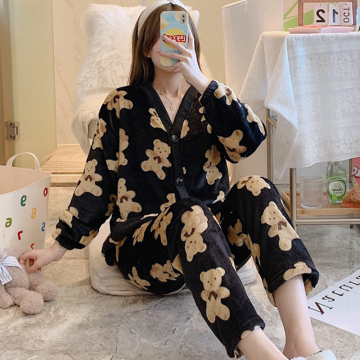 warm-pajamas-for-women-long-sleeved-thick-coral-fleece-cartoon-home-clothes-2-piece-suit-home-tops-winter-flannel-pyjamas-set