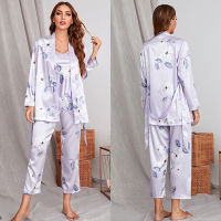 QSROCIO High Quality Womens Pajamas 4 Piece Robe Set Floral Sleepwear Silk Like Sling Top Homewear Bathrobe пижама женская