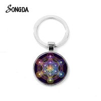 Metatron Cube Magic Hexagram Keychain Sacred Geometry Chakra Spiritual Life Flower Glass Time Gems Key Ring Car Llaveros