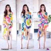 B8608 เดรสคอวีระบายเฉียงหางปลาพิมลายดอกไม้ V-neck slanting fishtail dress with floral print